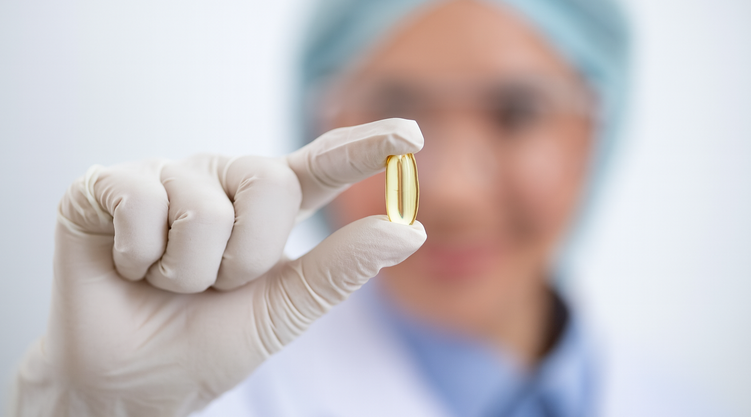 Scientist in laboratory gloves holding a single fish oil capsule during quality and safety compliance testing.