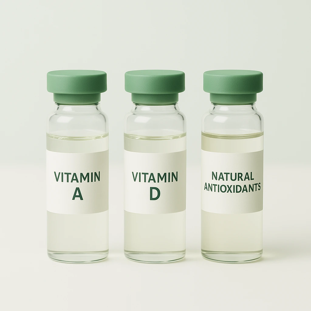 Glass vials labeled Vitamin A, Vitamin D, and Natural Antioxidants used in fish oil fortification and stability processes.