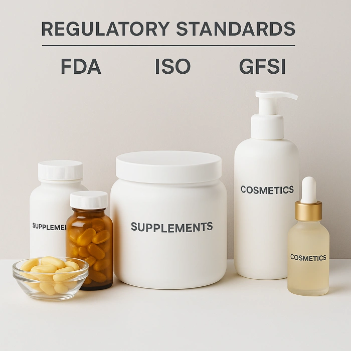 Photo of supplement and cosmetic containers labeled FDA, ISO, and GFSI regulatory standards.