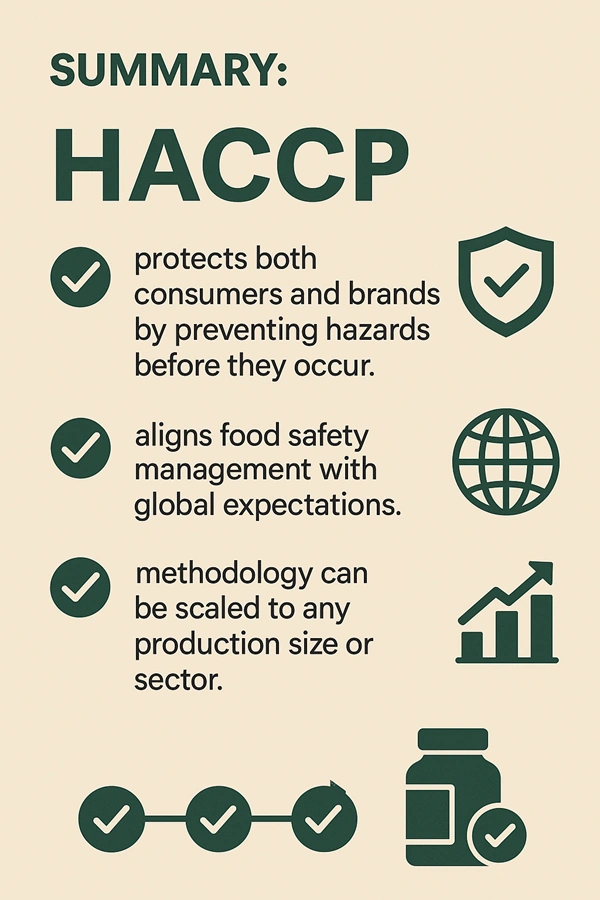 Infographic summarizing HACCP benefits for global food safety management.