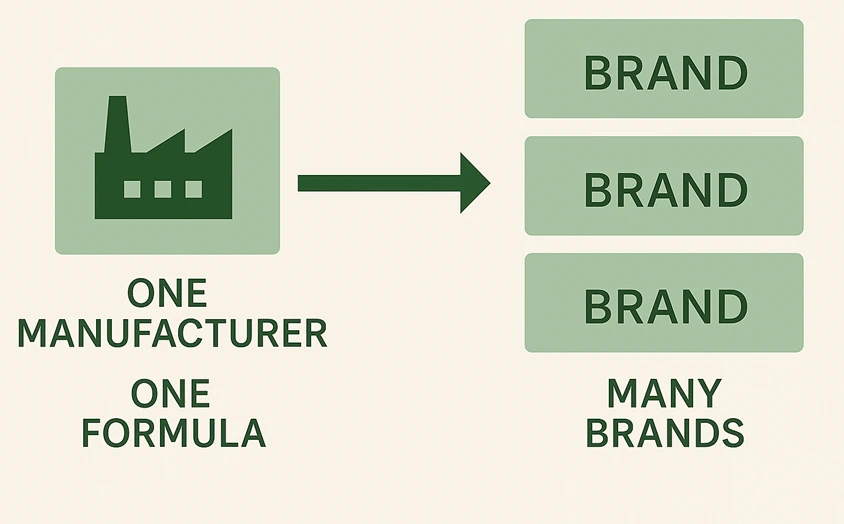 Diagram showing one manufacturer producing one formula for many brands.