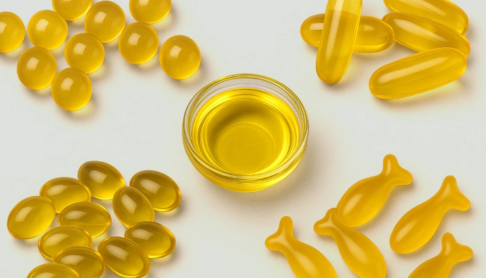 Different forms of fish oil capsules and liquid oil displayed in various shapes and sizes.