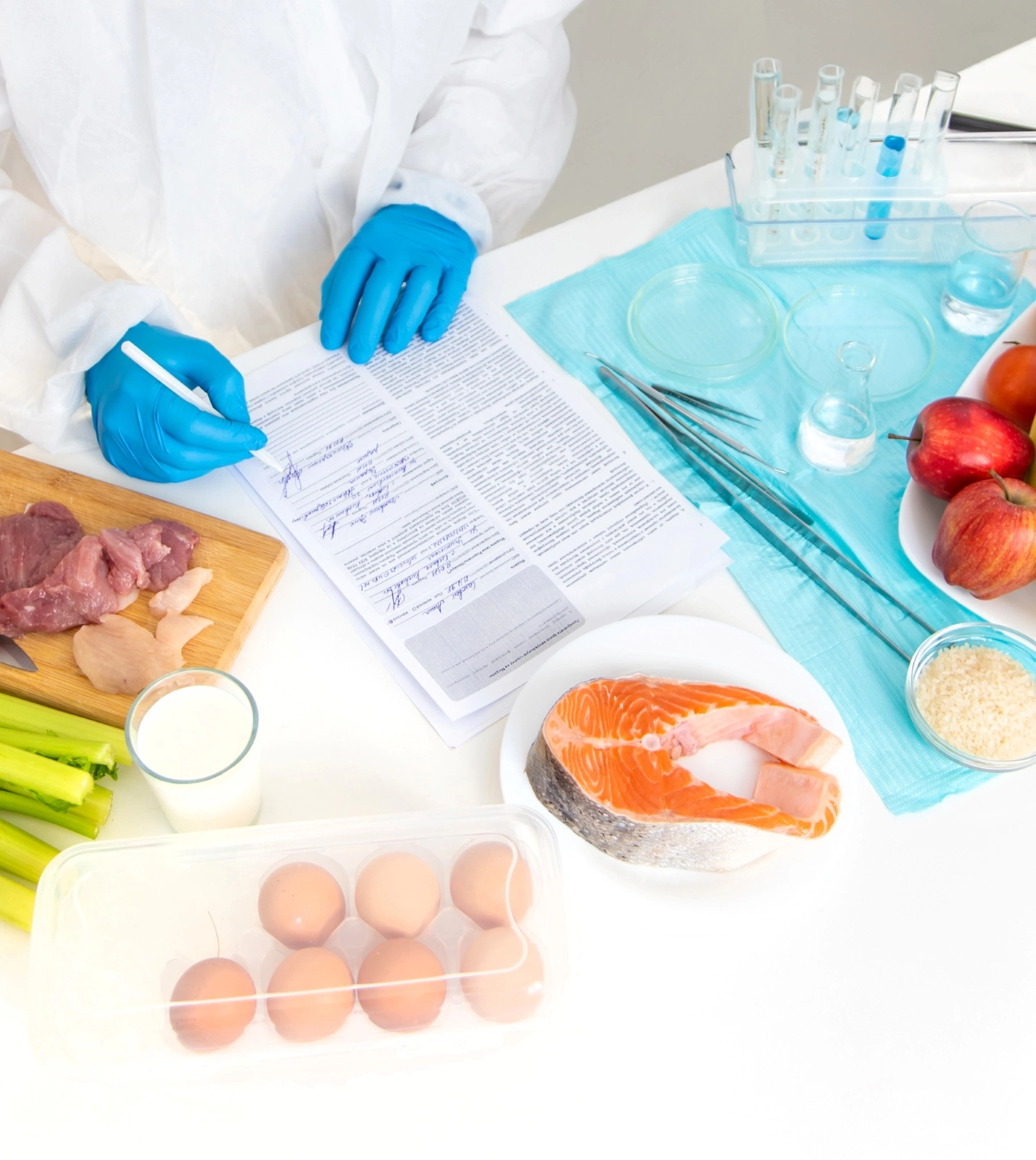 Scientist documenting HACCP food safety test results with meat, fish, eggs, and fresh produce.