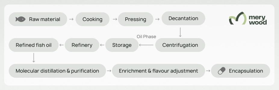 Flow diagram of fish oil manufacturing process from raw material to encapsulated product, by Merywood.