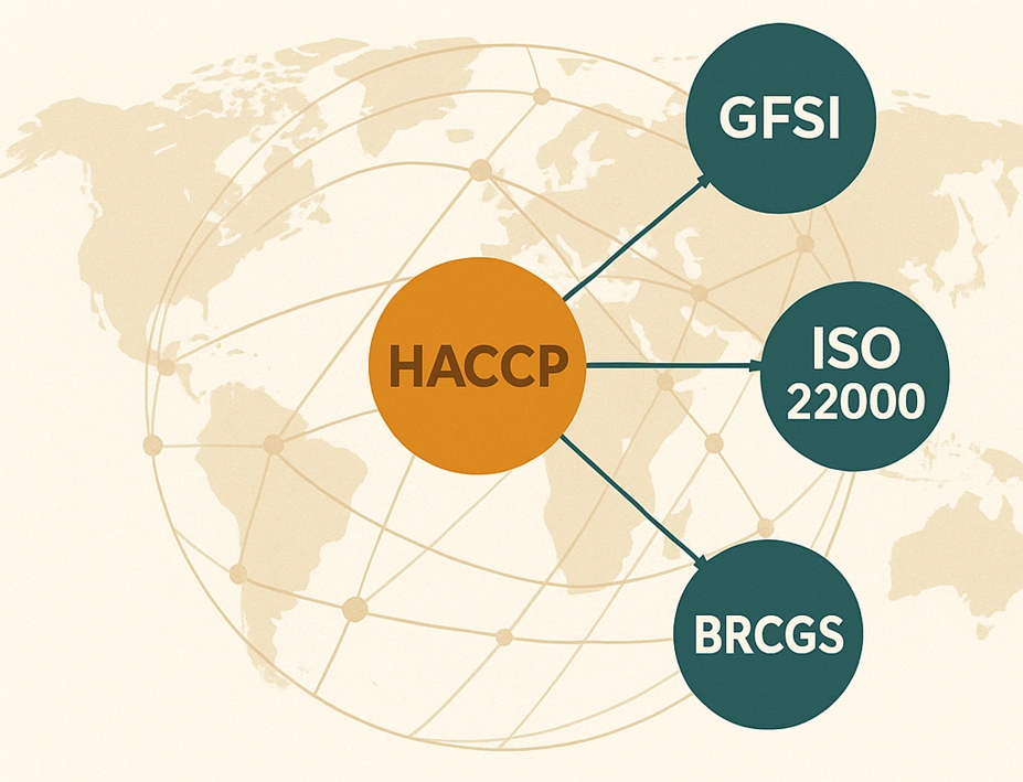 Infographic linking HACCP with GFSI, ISO 22000, and BRCGS global food safety standards.
