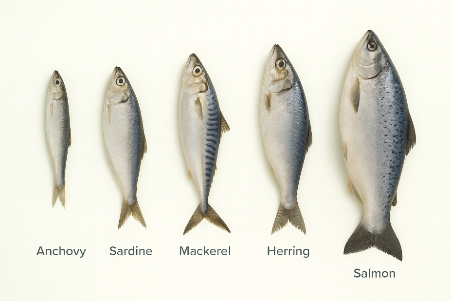 Five fish species — anchovy, sardine, mackerel, herring, and salmon — representing key raw materials for fish oil production.