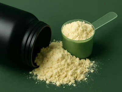 Black protein container tipped over with pale yellow protein powder spilling out, next to a green measuring scoop filled with powder on a dark green background.
