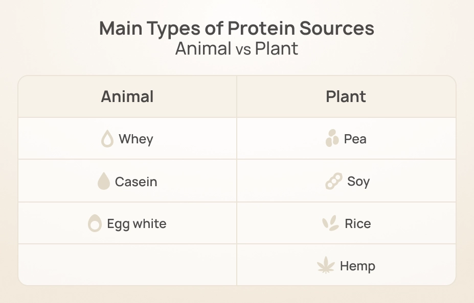 Infographic comparing animal-based protein sources (whey, casein, egg white) with plant-based protein sources (pea, soy, rice, hemp), each shown with simple icons.