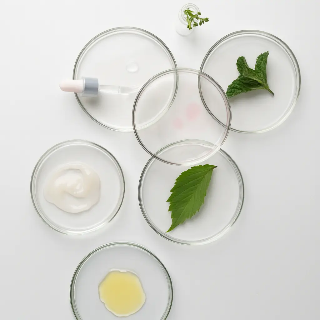 Glass petri dishes with cream, oil, leaves, and a serum dropper arranged on a white background.