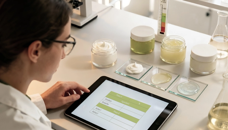 Cosmetic chemist reviewing formulation data on a tablet with cream and gel samples on the table.