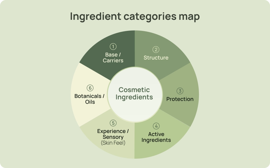 Circular map categorizing cosmetic ingredients into Base/Carriers, Structure, Protection, Active Ingredients, Experience/Sensory (Skin Feel), and Botanicals/Oils.