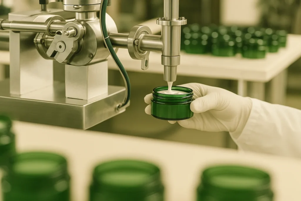 Automated filling machine dispensing cream into a green cosmetic jar in a manufacturing facility.