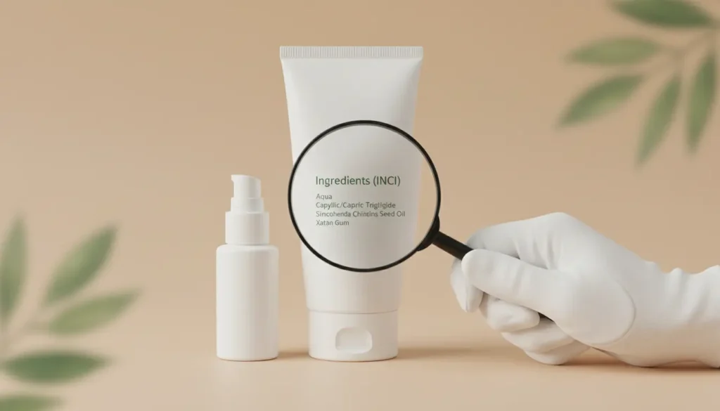 Magnifying glass enlarging an INCI ingredient list on a white cosmetic tube, showing sample lines such as Aqua, Caprylic/Capric Triglyceride, Simmondsia Chinensis Seed Oil, and Xanthan Gum; gloved hand and beige background with leaf shadows.