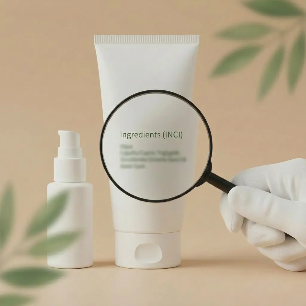 Gloved hand holding a magnifying glass over a white cosmetic tube, highlighting the “Ingredients (INCI)” heading on the label; beige background with soft leaf shadows and a small pump bottle beside it.