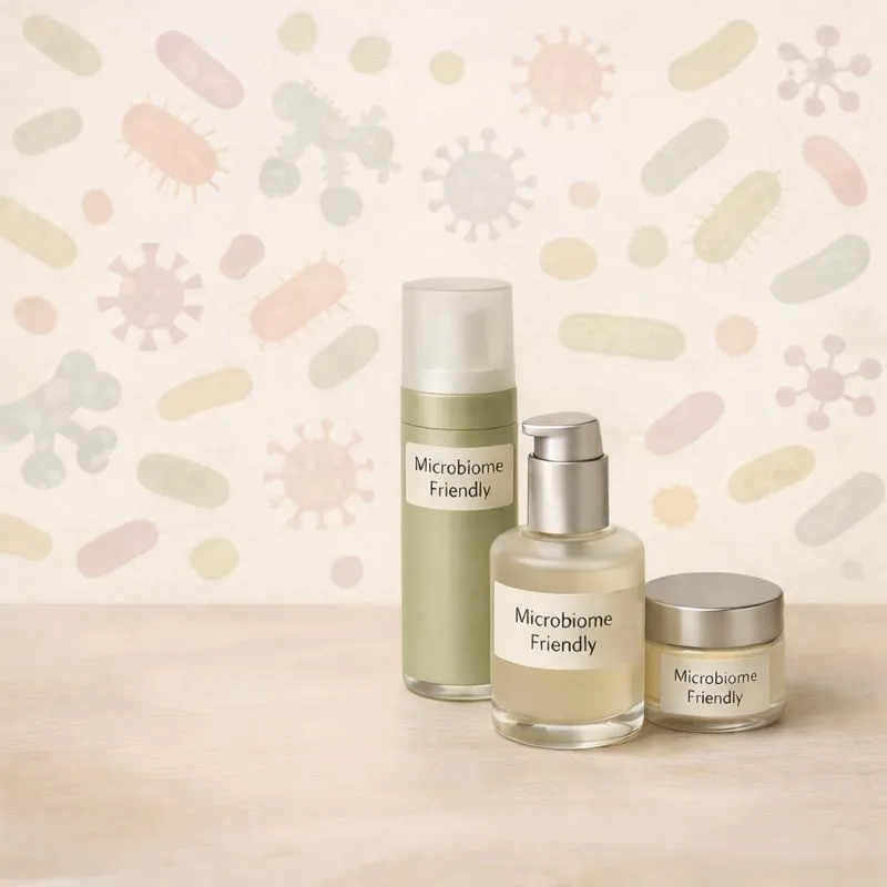 Microbiome-friendly skincare products displayed on a neutral surface with soft illustrations of microorganisms in the background.