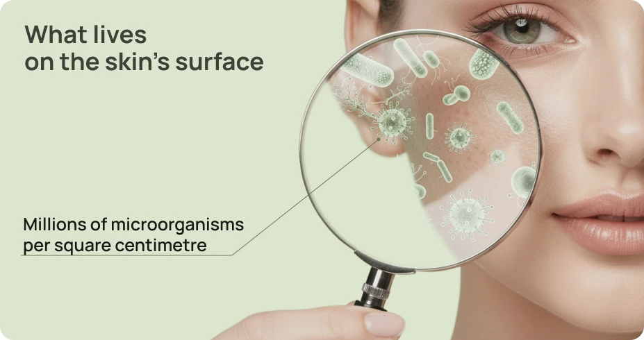 Illustration showing microorganisms living on the skin surface, viewed through a magnifying glass.
