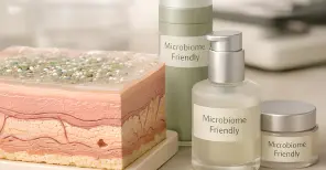 Microbiome-friendly skincare products placed next to a skin cross-section model illustrating the skin barrier and microbiome.