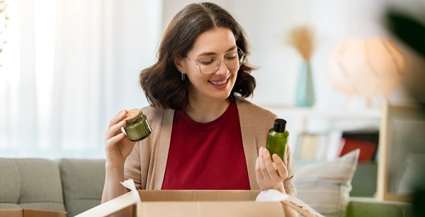Woman unboxing a delivery and examining cosmetic products from an ecommerce order.