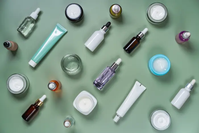 Assorted skincare products including serums, creams, and bottles arranged for brand positioning and packaging strategy.