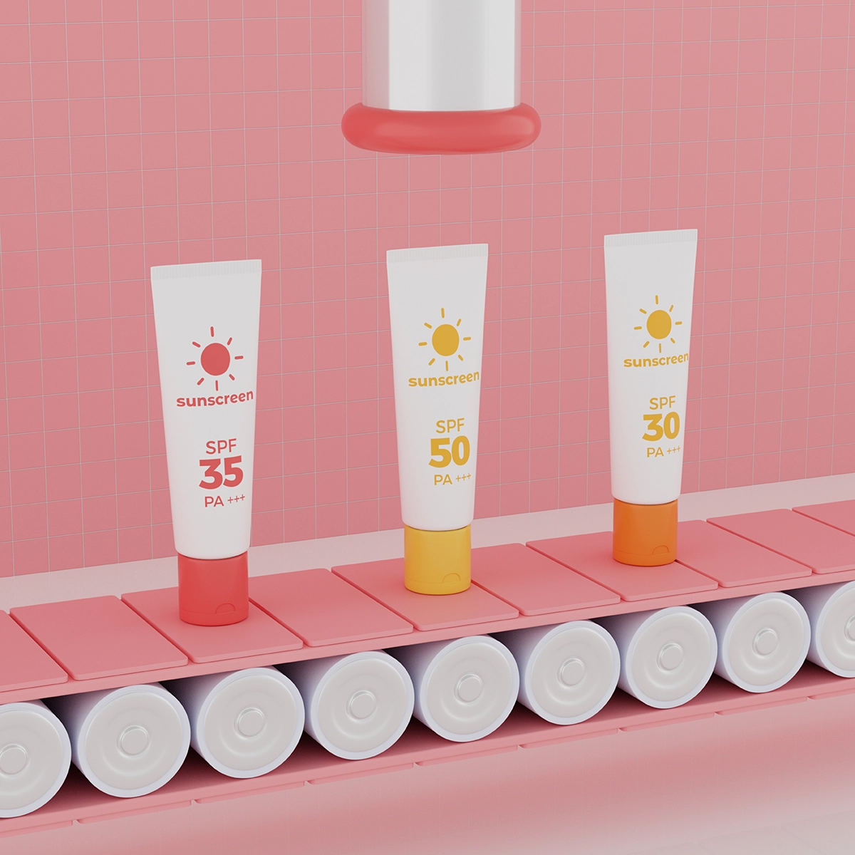 Sunscreen tubes on a production line illustrating sunscreen manufacturing and packaging