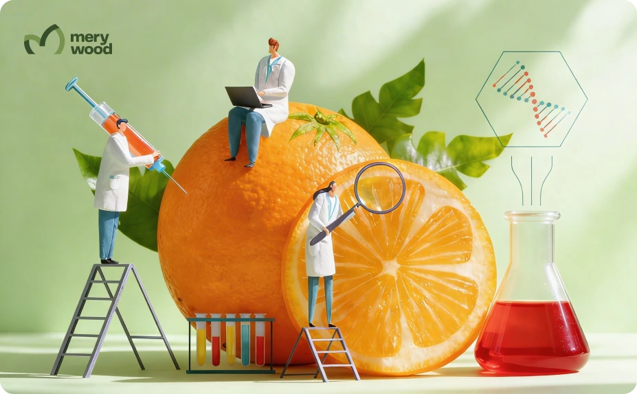 Miniature scientists examining a large orange beside lab equipment and a flask of red liquid.