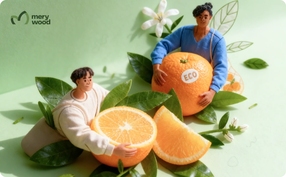 Two stylized figures holding large oranges among green leaves, illustrating eco-friendly vitamin C sourcing.