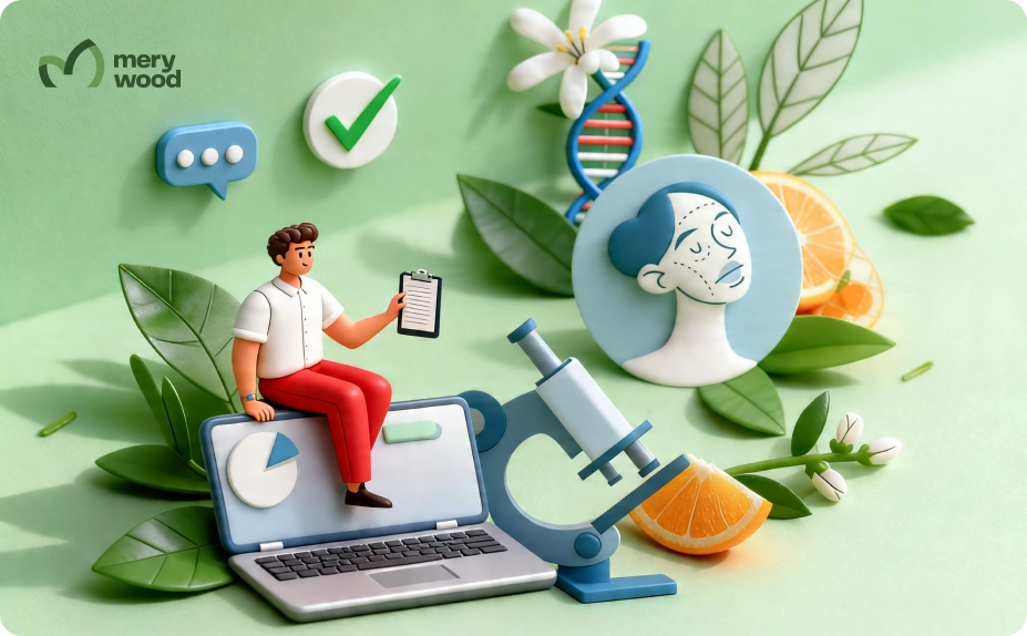 3D illustration of skincare formulation consultant with microscope, DNA helix, and ingredient research symbols