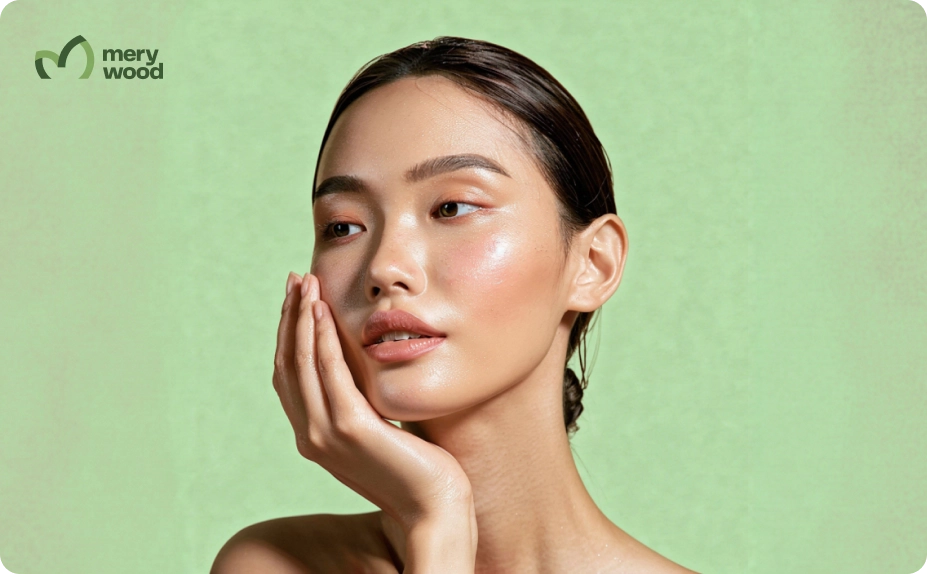 Young Asian woman with glowing glass skin touching her face — K-beauty skincare result