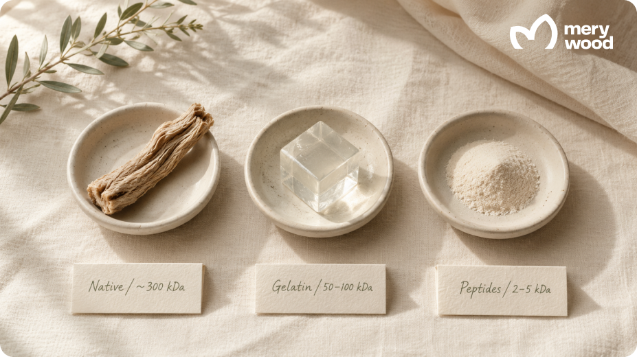Native collagen, gelatin, and collagen peptides shown side by side with molecular weight labels