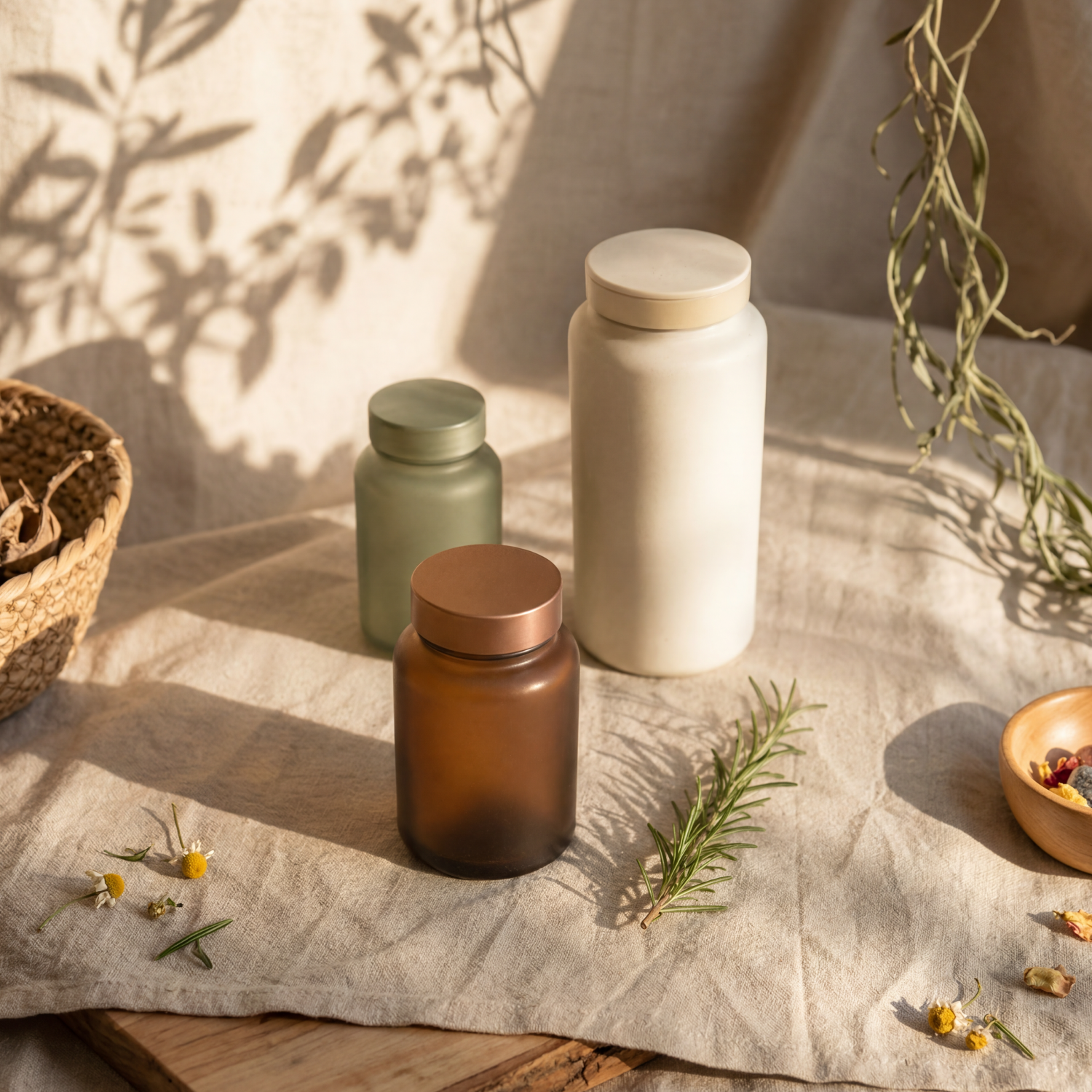 Minimal private label supplement bottles on linen with herbs and natural light