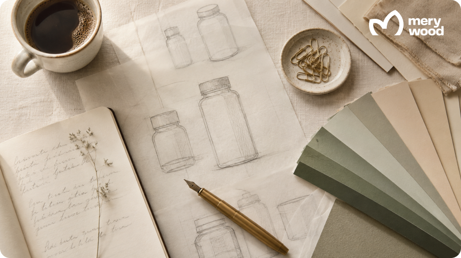 Supplement bottle sketches, color swatches, notebook and coffee on a neutral desk
