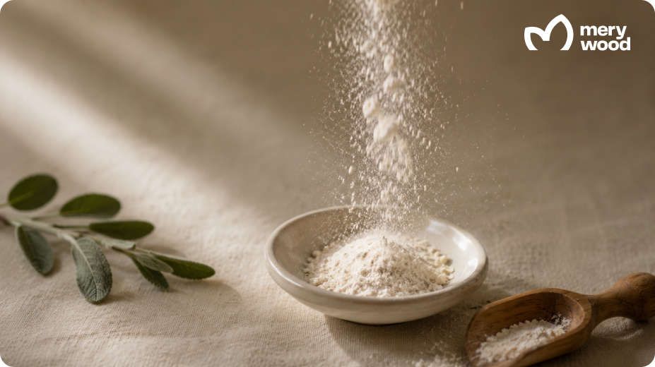 Collagen powder falling into a bowl during the spray drying stage