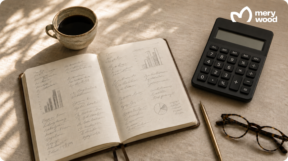 Open notebook with charts, calculator, glasses and coffee for supplement business planning