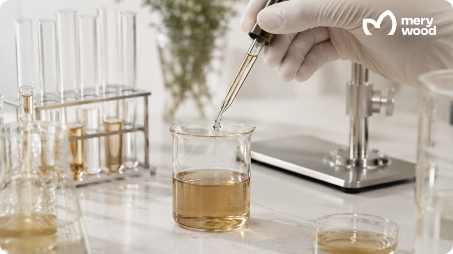 Lab technician using a pipette during supplement formulation and quality testing