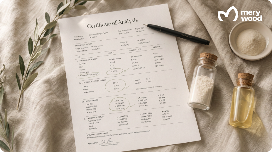 Certificate of Analysis for collagen powder with lab testing details and sample vials