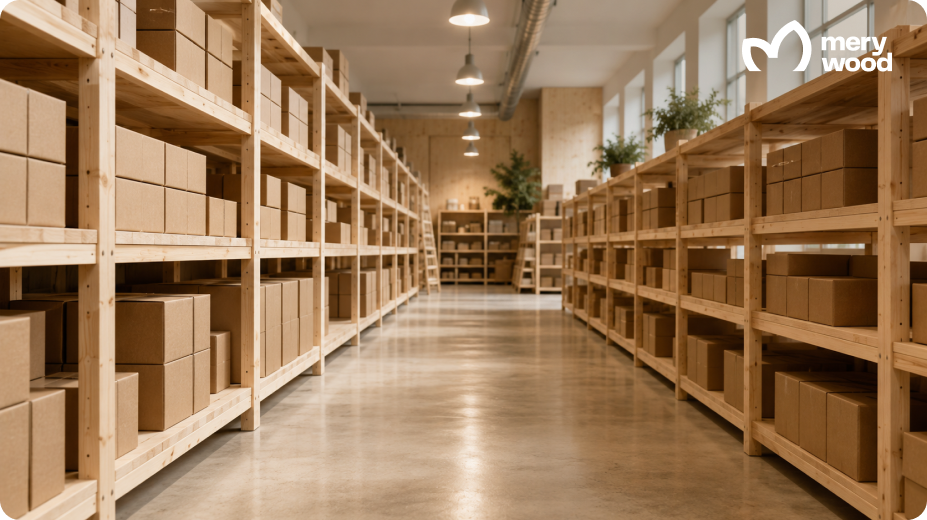 storage Clean warehouse with wooden shelves and cardboard boxes for supplement inventory storage
