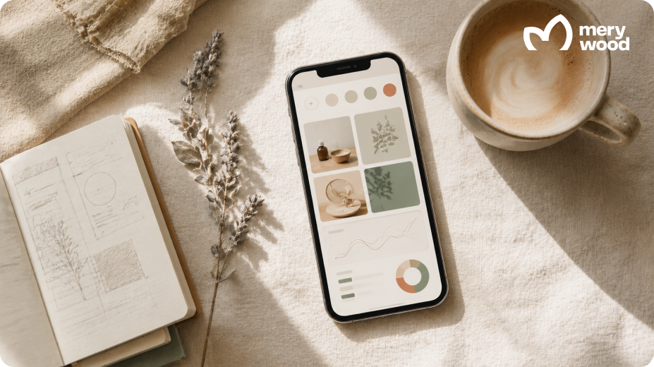 Smartphone with brand visuals, charts and color palette for supplement marketing strategy