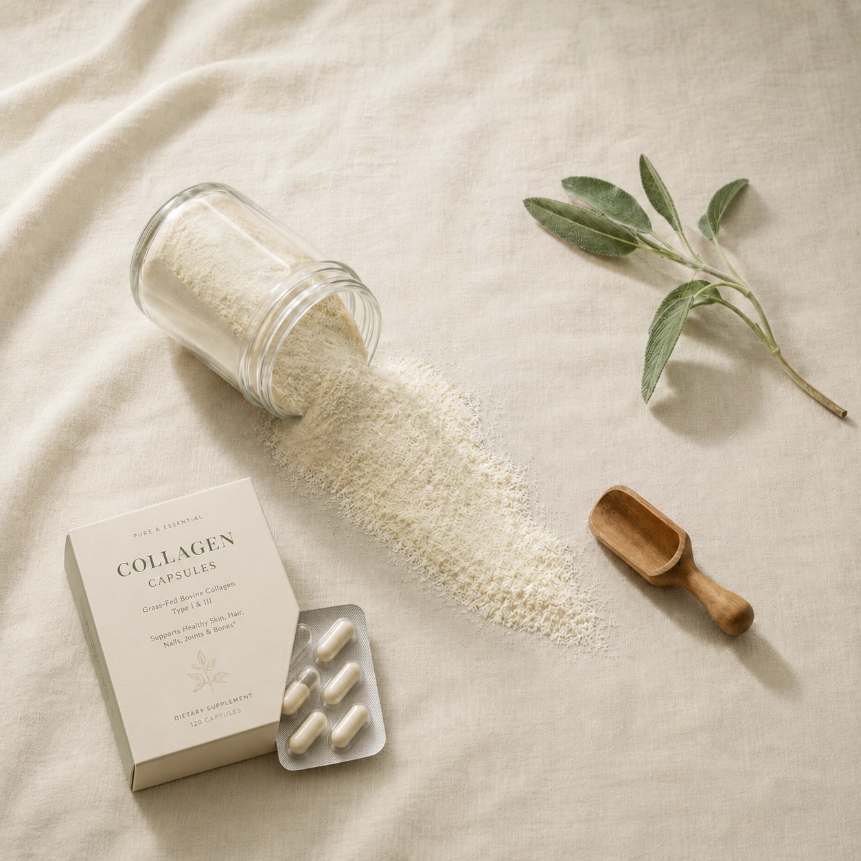 Finished collagen supplement with capsules, powder, and product packaging on cream linen