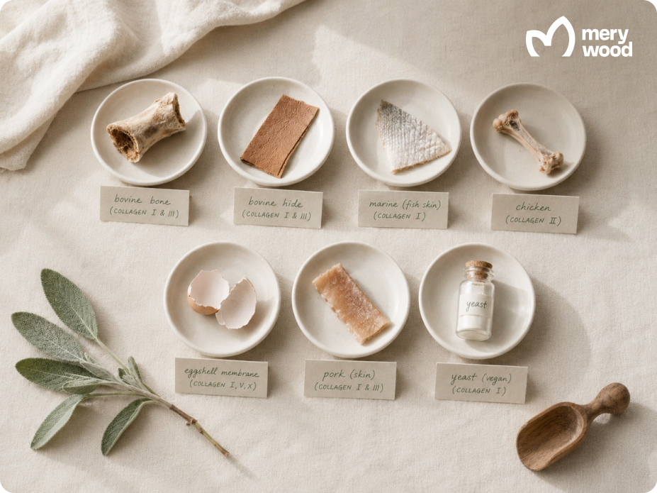 Seven collagen sources including bovine bone, bovine hide, marine collagen, chicken, eggshell, porcine, and yeast