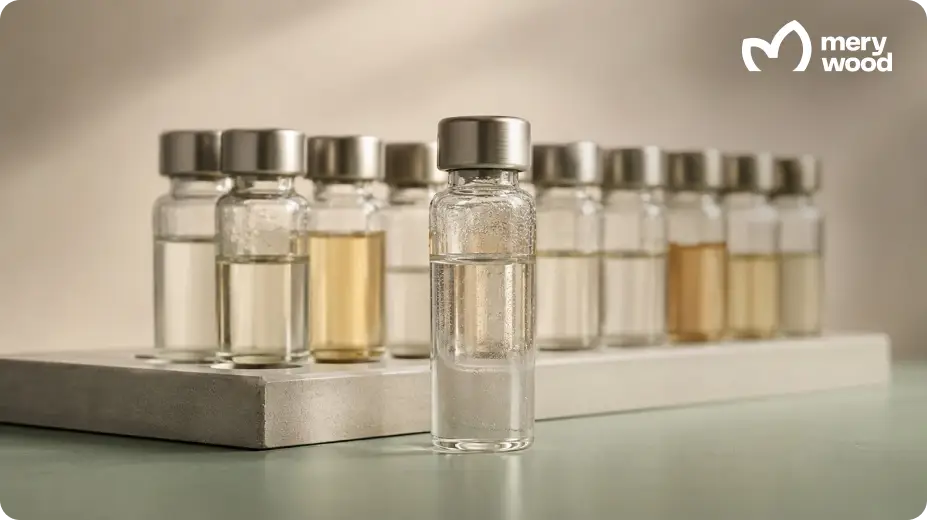 Small capped analytical vials filled with clear and faint amber liquids, with one vial in sharp focus.
