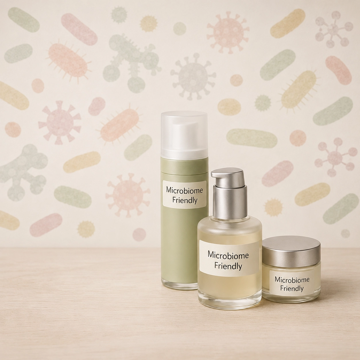 Microbiome-friendly skincare products displayed on a neutral surface with soft illustrations of microorganisms in the background.