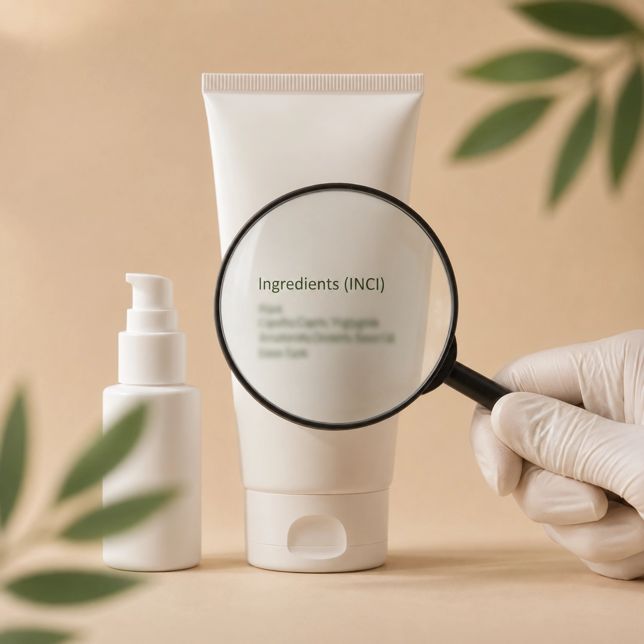 Gloved hand holding a magnifying glass over a white cosmetic tube, highlighting the “Ingredients (INCI)” heading on the label; beige background with soft leaf shadows and a small pump bottle beside it.