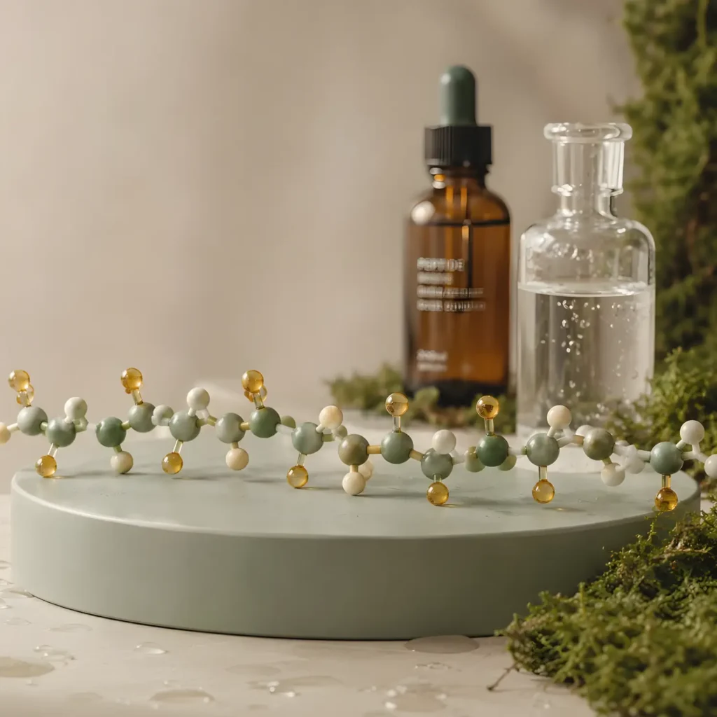 Physical model of a peptide chain on a sage-green pedestal with lab glassware and moss in the background.