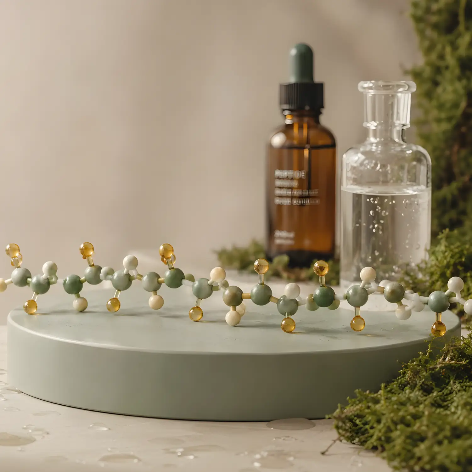 Physical model of a peptide chain on a sage-green pedestal with lab glassware and moss in the background.