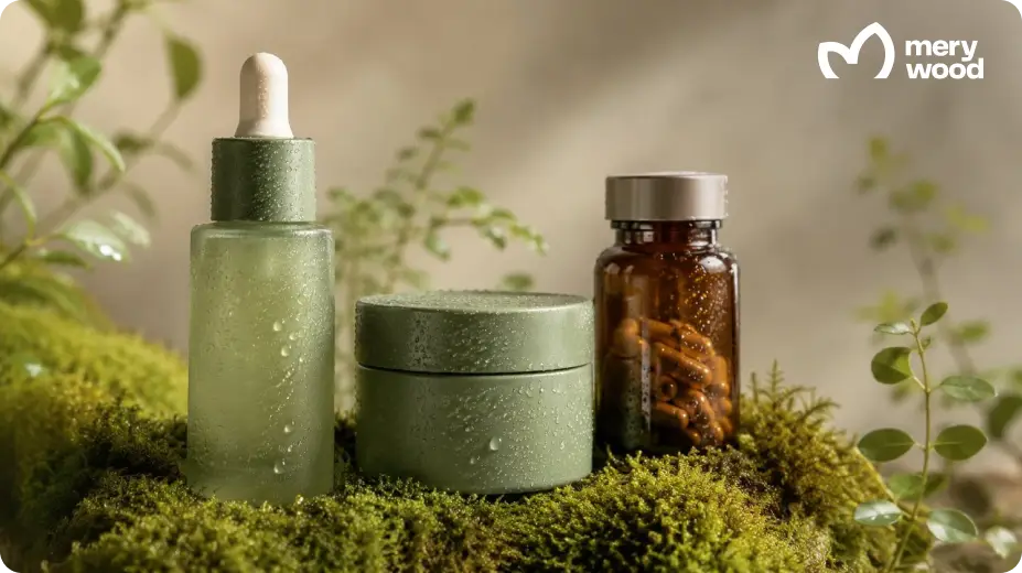 Sage-green cosmetic packaging and an amber supplement bottle arranged on fresh moss.
