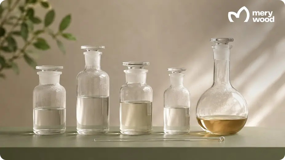 Row of clear reagent bottles and a round-bottom flask on a sage-green lab surface.