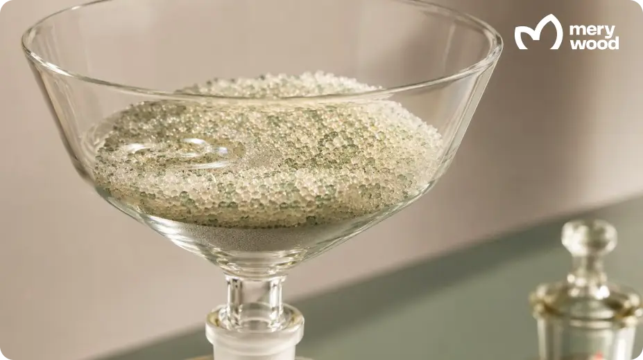 Translucent resin microbeads pooled inside a glass fritted funnel on a sage-green lab bench.