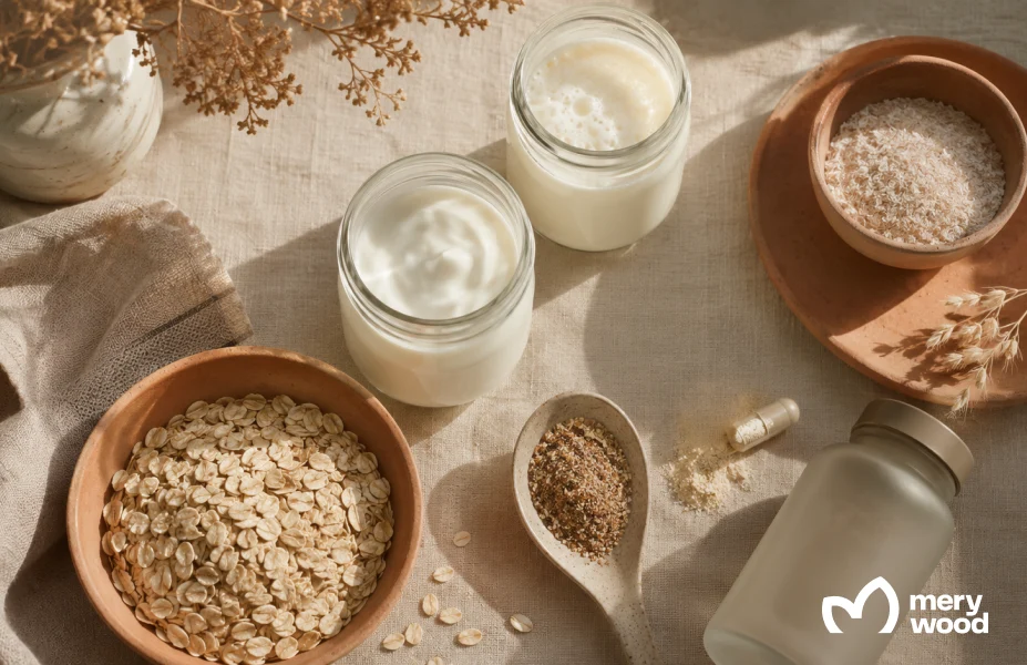 Gut health supplement ingredients with yogurt, kefir, oats, flax and a probiotic capsule