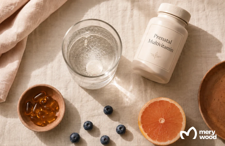 Prenatal multivitamin with omega-3 softgels, an effervescent tablet, blueberries and grapefruit