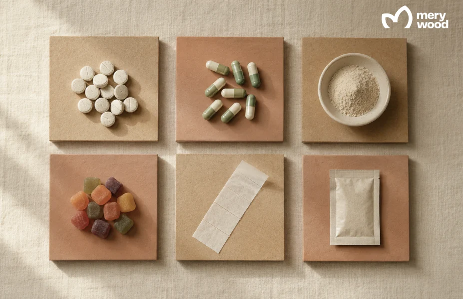 Supplement formats including tablets, capsules, powder, gummies, film strips and sachets